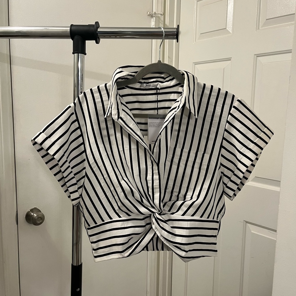 T Alexander Wang Striped Twist Front Crop Blouse